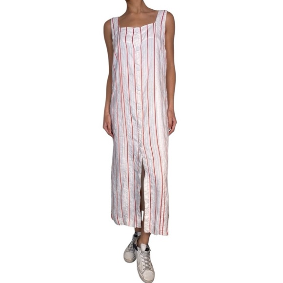 Bimba Y Lola Red White Striped Midi Dress size M‎ Linen 4th of July Patriotic - Picture 1 of 9